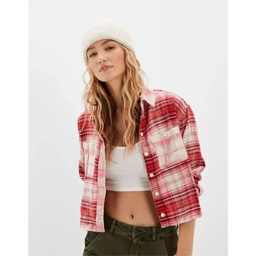 American Eagle Outfitters Cropped Flannel plaid shirt 100% cropped size S NWT